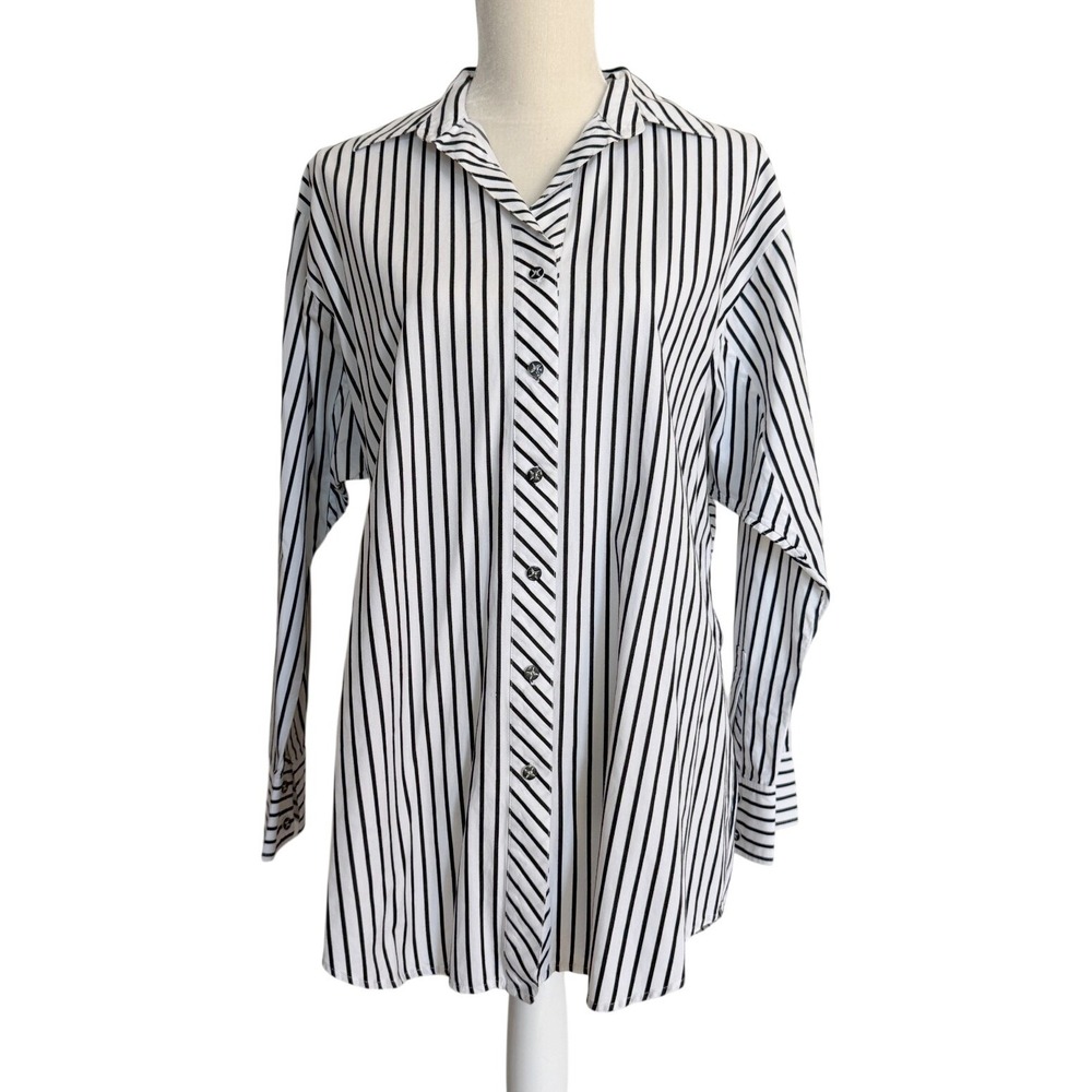 Go Silk Womens M Black White Striped 100% Cotton Button Up Shirt Minimalist Chic